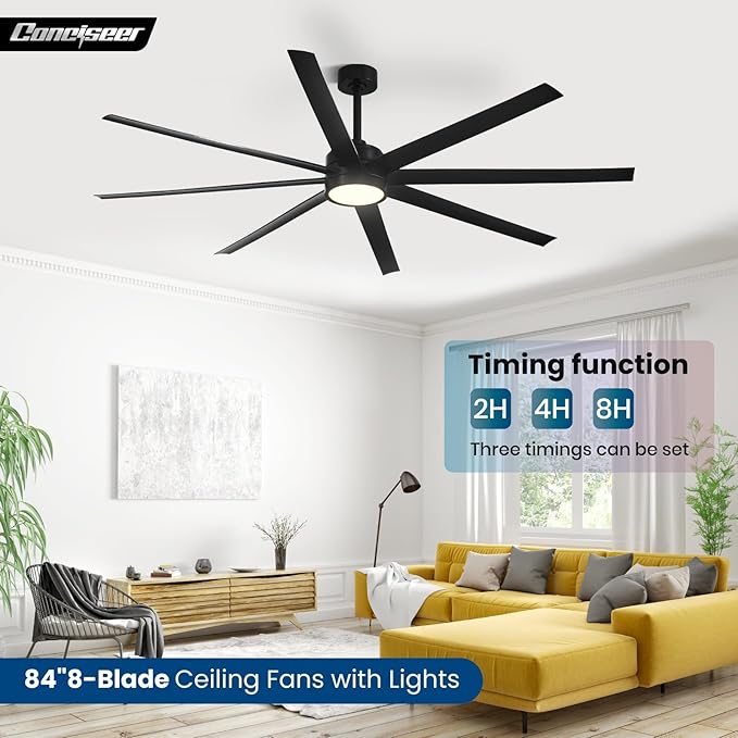 Ceiling Fans with Lights, 84 Inch Ceiling Fan with Light and Remote,Living Room Library Cafe Outdoor/Industrial, 3CCT 8 Blades 6 Speed Reversible Quiet DC Motor, Black/A