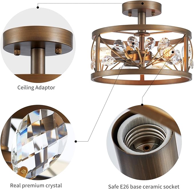 WUZUPS Crystal Leaf Chandelier 3-Light Vintage Farmhouse Industrial Semi-Flush Mount Ceiling Light Modern Lighting Fixture Foyer Hallway Storage Room Kitchen Bathroom, H 8.5" W 12", Oil Rubbed Bronze