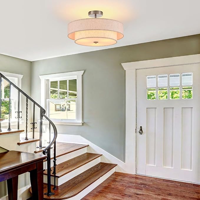 18" Semi Flush Mount Ceiling Light 3-Light Modern Linen Drum Ceiling Lighting with Chrome Finish, Vintage Ceiling Light for Living Room, Kitchen, Basement, Laundry Room, Bedroom - Aura Lighting