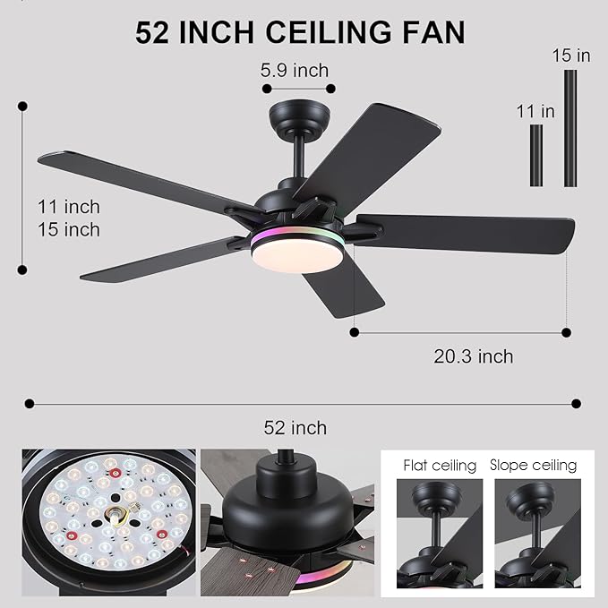 52 Inch Ceiling Fans with Lights and Remote/APP Control, Modern Ceiling Fan with RGB Lights for Bedroom Living Room Patio Porch Outdoor, Reversible Quiet Motor, 5 Wood Blades, Black