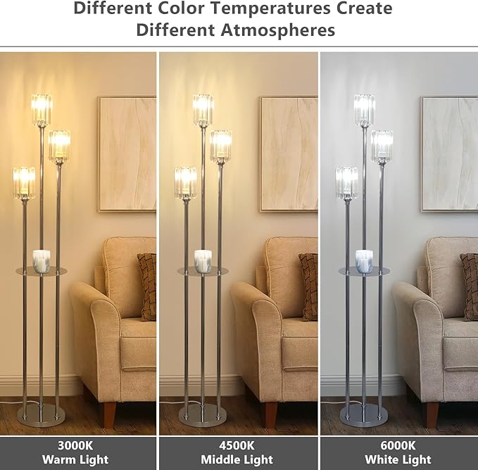 HMVPL Crystal Floor Lamps for Living Room, Modern Floor Lamp with Shelves, 3-Lights Standing Lamp with Crystal Shade, On/Off Foot Switch, Silver Corner Floor Lamp for Bedroom Living Room Office(66") - Aura Lighting