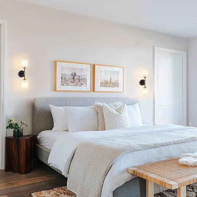 Industrial Mid Century Wall Sconce 2-Lights with White Cylinder Glass Shades Modern Bathroom Vanity Wall Lamp Matte Black and Gold Brushed Brass Finished Wall Light Fixture