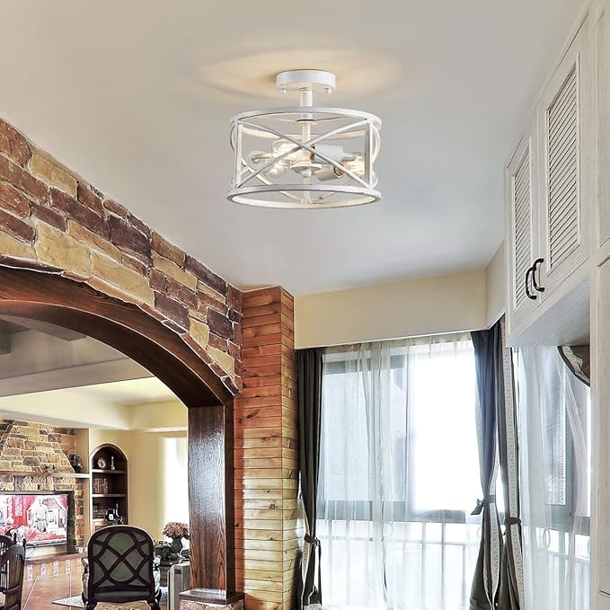 WUZUPS Chandelier 3-Light Vintage Farmhouse Industrial Semi-Flush Mount Ceiling Light Lighting Fixture for Foyer Bedroom Hallway Storage Room Kitchen Bathroom, H 9.4" x W 12", E26 Base, Antique White
