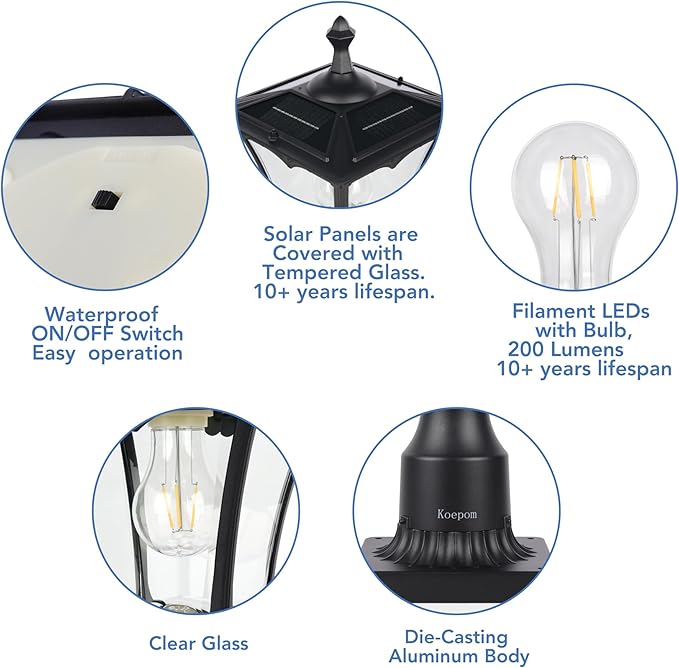 KP4301Q Outdoor Solar Post Lights with Glass lampshade, Heavy Duty Die-Casting Aluminum LED Solar Pillar Light for Gate Column, Driveway, Pathway,Garden, Patio, Matte Black