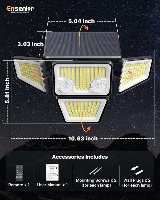 Ensenior Solar Lights Outdoor, Motion Sensor Outdoor Light with Remote Control, IP65 Waterproof 279 LED 4 Heads Solar Security Light with 4 Mode, 270° Wide Angle Solar Flood Light for Outside, 3 Packs