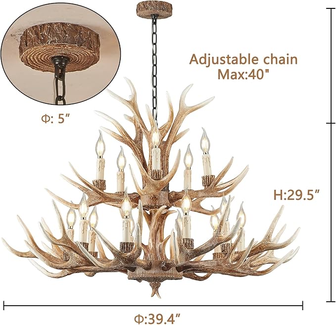 15-Light Farmhouse Antler Chandelier, Rustic Vintage Art Deco Ceiling Fixture - LED Bulbs Compatible for Living Room, Kitchen, Hallway & Entryway (10+5 Lamp arms+3 arms) - Aura Lighting
