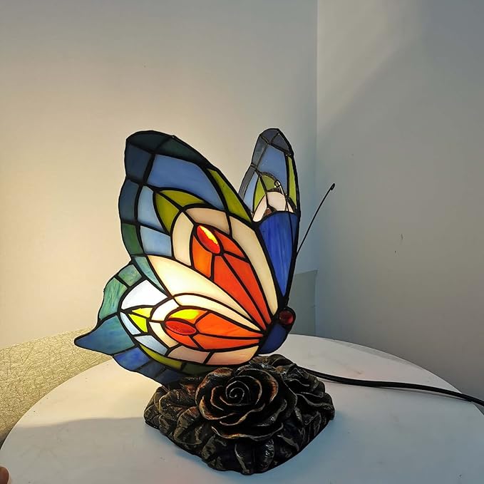 Bieye L10040 Butterfly Tiffany Style Stained Glass Accent Table Lamp, Night Light (Multi-Colored C)