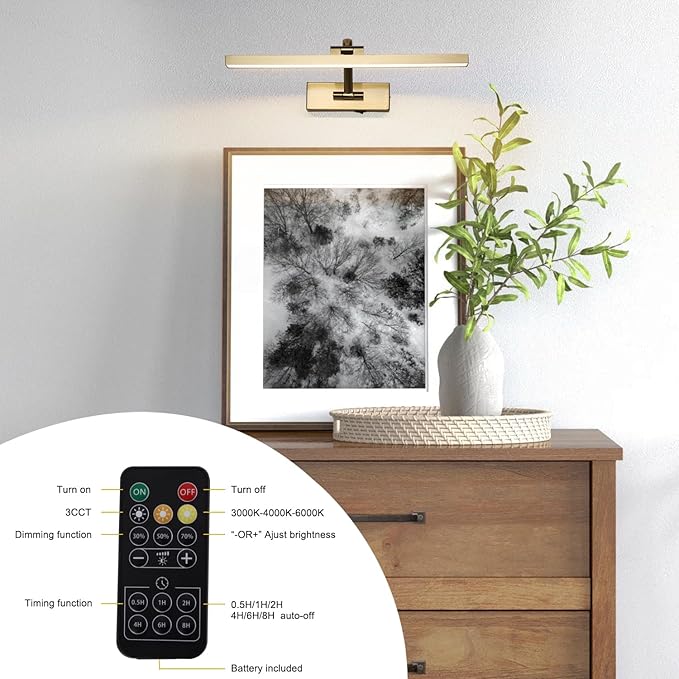 Wireless Picture Lights with Remote and Timer Brass Gallery Lighting Rechargeable Wireless Art Lights 3CCT Dimmable Painting Lights Battery operated wall lights for Portrait artwork display 3W 16"