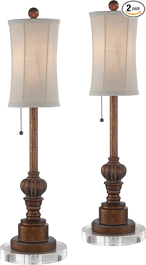 Regency Hill Bertie Rustic Traditional Buffet Table Lamps 28" Tall Skinny Set of 2 with Round Risers Brown Fabric Drum Shade for Bedroom Living Room Nightstand Bedside Night Stand Office Kids Room