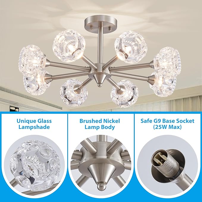 XINGQI Brushed Nickel Ceiling 8 Light Modern 24" Semi Flush Mount Sputnik Ceiling Light Fixture Industrial Chandelier Farmhouse Lighting for Hallway Dining Room Living Room Kitchen Bedroom - Aura Lighting
