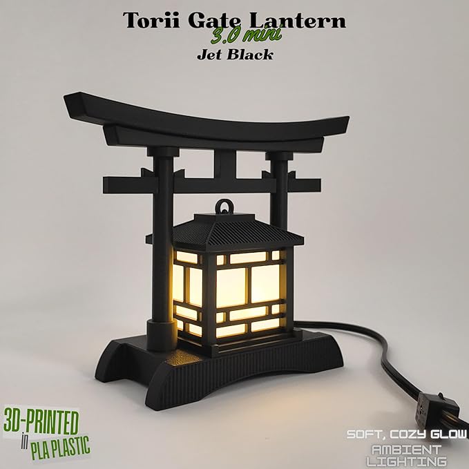 Japanese Torii Gate Lantern - Exquisite Japanese Decor for Home and Room | Desk Lamp Table Lamp Design | Mini Japanese Lantern Transforms Any Space | 3D-Printed | (Jet Black (New 3.0 Mini) - Corded)