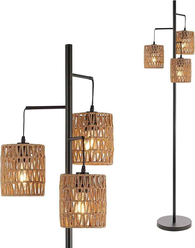 JONATHAN Y 70.75" Black 3-Light Bohemian LED Floor Lamp, Mid-Century Modern Standing Light with Natural Rattan Lantern Shades for Living Room, LED Bulbs Included JYL1150A