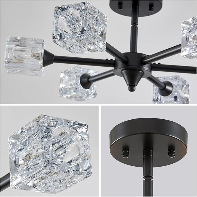 XINGQI Black Chandelier 6-Light 20" Semi Flush Mount Ceiling Light Fixture Modern Round Sputnik Chandelier for Bedroom Entryway Dining Room Living Room - Aura Lighting