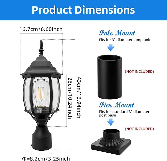2 Pack Black Outdoor Lamp Post for Patio Pathway, 17inch Black Outdoor Post Light Fixture for House Pier Mount Outside Lighting Exterior Pole Lamp 17” Coach Light
