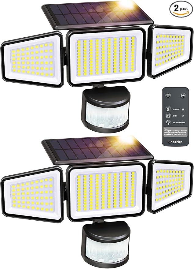 Ensenior Solar Motion Lights Outdoor, 228 LED Solar Security Lights with Remote Control, IP65 Waterproof 3 Heads Flood Light with 4 Modes, 270° Wide Angle Motion Sensor Light Outside - 2 Packs