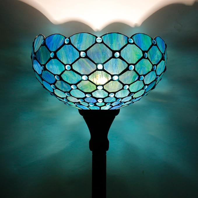 Tiffany Lamp Shade Replacement 12X6 Inch Stained Glass Lampshade Only 1-5/8-Inch Fitter Opening for Arched Floor Lamp, Torchiere Lamp, Pendant Light (Blue)