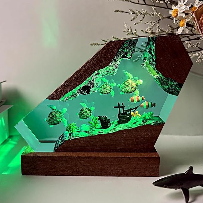 Sea Turtle Ocean Resin Lamp - Handmade Resin Night Light with USB Port, Variable Lights, Sea Turtle Gifts for Women and Men, Ocean Enthusiast Collectibles, Unique Birthday Gifts for Him & Her (8"x5")