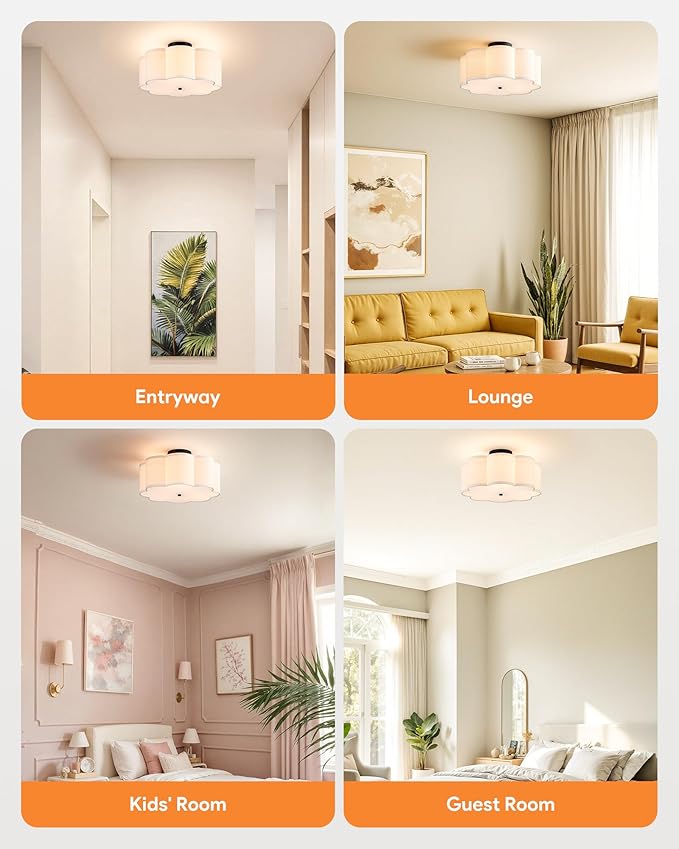 VONLUCE Semi-Flush Mount Ceiling Light, 15.7" Modern 3-Light Ceiling Light Fixture with White Petal-Shaped Shade 3 E26 Sockets for Bedroom Entryway Living Room, Black Finish, ETL Certificated - Aura Lighting