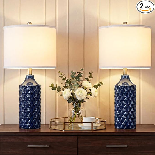 Qingmiao Modern Ceramic Table Lamp, Set of 2 - Navy Blue with Diamond Protrusions Texture, 25'' Nightstand Lamp for Bedroom Living Room, 3-Way Dimmable Included
