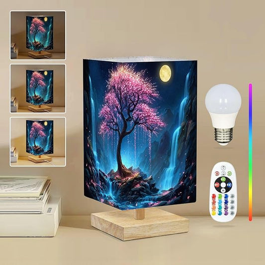 Square Table Lamp for Bedroom Majestic Glowing Cherry Blossom Tree Rocky Island Waterfalls Beside Lamps Desk lamp with Wood Base Nightstand Lamps for Nursery Living Room Home Decor