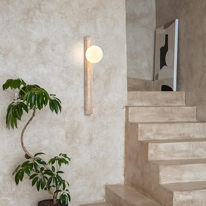 Modern Yellow Travertine Wall Sconce, Japanese Style Wabi Sabi Light Fixture with Natural Stone Base & Glass Lampshade, Interior Decoration Wall Lamp for Bedroom Living Room Hallway(90cm)