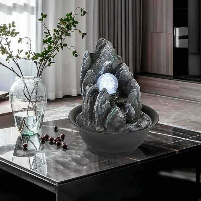 WICHEMI Water Fountains Indoor Waterfall Fountain Tabletop Fountain with LED Rolling Ball Stacked Rocks Indoor Water Feature Zen Meditation for Home and Office Indoor Spaces Decor (Style 19)