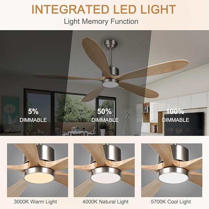 reiga 60 Inch Large DC Motor Outdoor Ceiling Fan with Dimming LED Light Kit, Alexa, Google Home, App and Remote Control, 5 Natural Wood Propeller Blades for Patio Garage Farmhouse and Porch - Aura Lighting