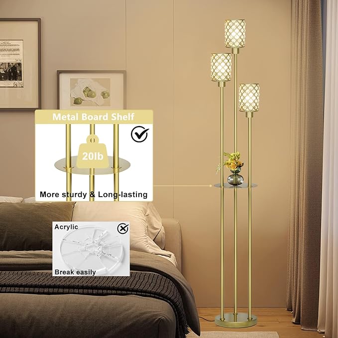 Gold Floor Lamps for Living Room, Standing Floor Lamp with shelves, Tall Lamp with Table, Modern Mid Century Floor Lamp with E26 Base, Coner Crystal Floor Light for Bedroom (Without Bulb) (Gold)