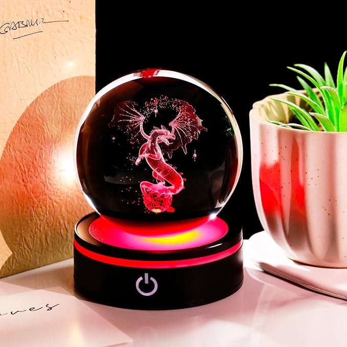 YWHL 3D Dragon Figurine Crystal Ball with Colorful Light Base, Dragon Gifts for Women Men on Birthday, Animals Collectible Sphere for Home Decor (80mm)