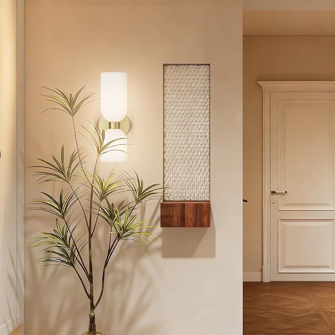 Tiapce 2 Light Modern Bathroom Light Fixtures Over Mirror,Brass Finish Vanity Lights for Bathroom Wall Sconces with Milky White Glass Shades,E12 Socket (Bulbs Not Included)