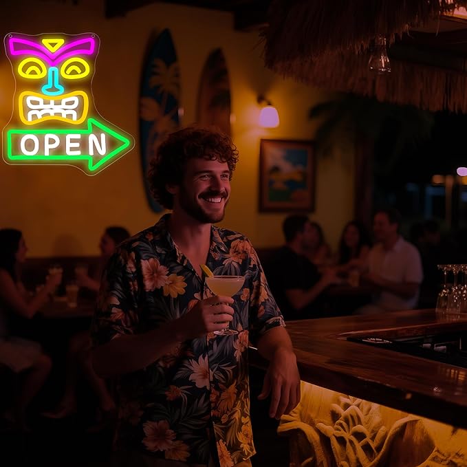 Tiki Bar Open Neon Sign for Wall Decor Dimmable Tiki Open Neon Light for Man Cave Hawaii Beach Sign for Pub Home Bar Beer Shop Party Bedroom Christmas Birthday Gifts Art Size 11.8 * 10.9In (WZCP190)