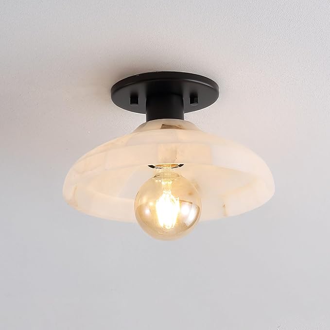 JONATHAN Y 10" Black/White Modern LED Semi Flush Mount Ceiling Fixture, Alabaster Shade for Hallway Bedroom Foyer, Mid-Century Dimmable Lamp, Edison LED Bulb Included (JYL1207B)
