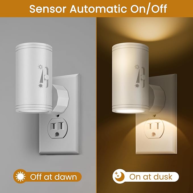 4 Pack LED Plug-in Wall Night Light with Dimmable 0-300 Lumens, 3000K Soft White, Dusk to Dawn Rotating Night Lamp,Auto On/Off Light Sensor for Hallway, Stairs, Bedroom