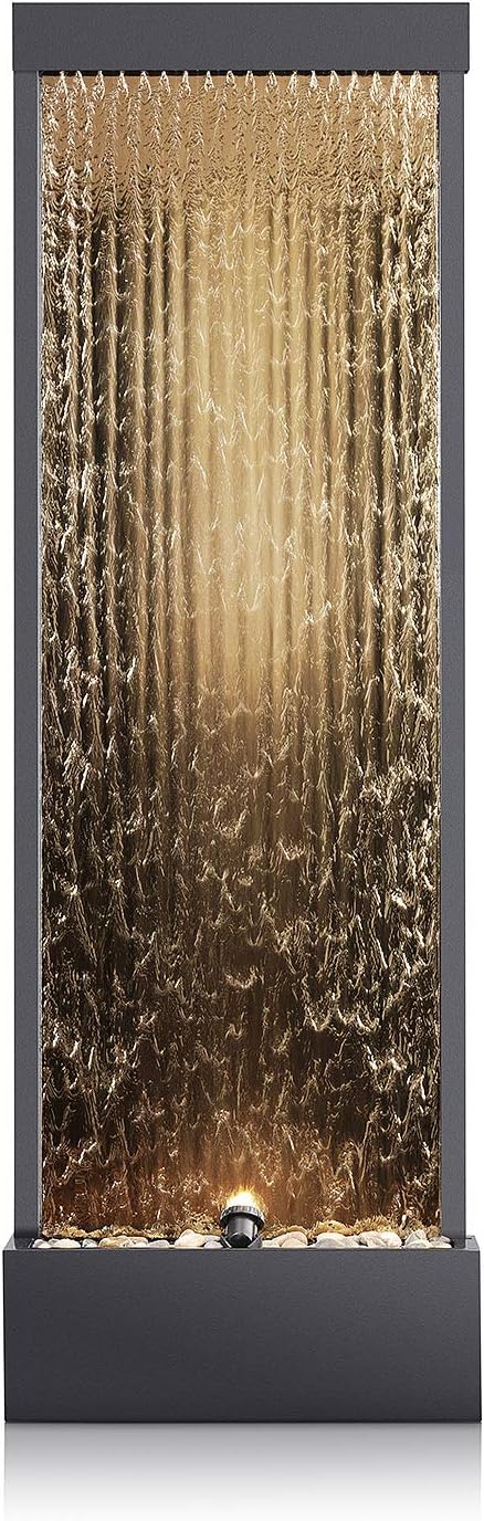 Alpine Corporation 72" Tall Indoor/Outdoor Mirror Waterfall Floor Fountain, LED Lights & River Stones, Elegant Bronze Finish for Home, Office, Patio & Entryway Decor