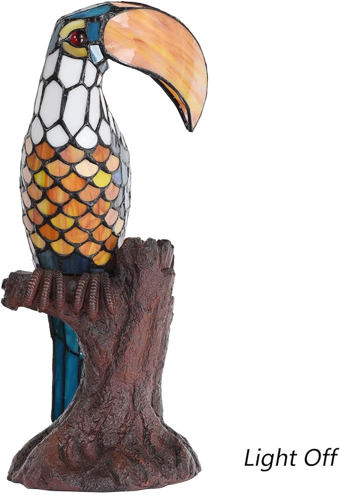 Bieye L10813 Toucan on Tree Trunk Tiffany Style Stained Glass Accent Table Lamp Night Light. 16.25 inches Tall