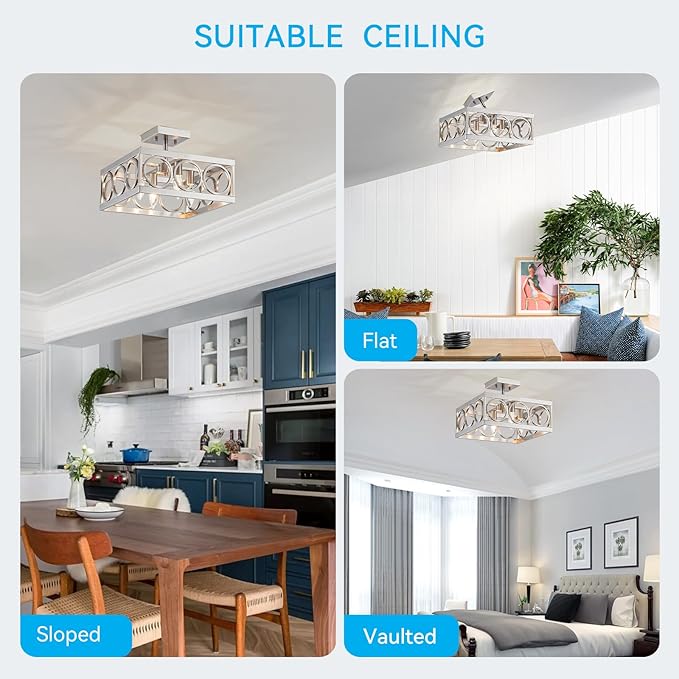 XINGQI Brushed Nickel Ceiling 4-Light 13'' Modern Semi Flush Mount Ceiling Light Fixture Rustic Chandelier Ceiling Lamp for Bedroom Living Dining Room with Square Metal Shade, E12 Bulbs - Aura Lighting
