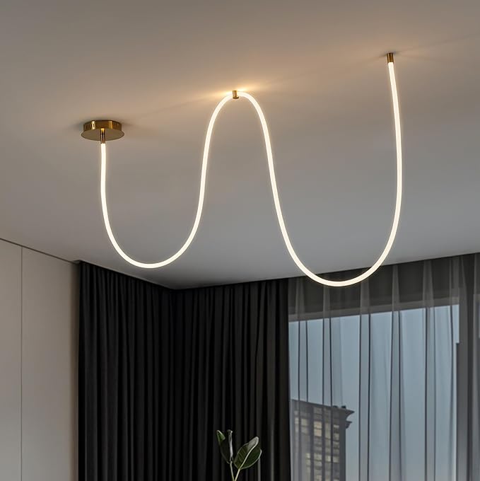 JONATHAN Y 55" Brass Gold Modern Minimalist Linear LED Flush Mount Light, 360° Adjustable Silicone Neon Rope, Dimmable Lamp for Bedroom, Living Room, Home Office (JYL7142A)