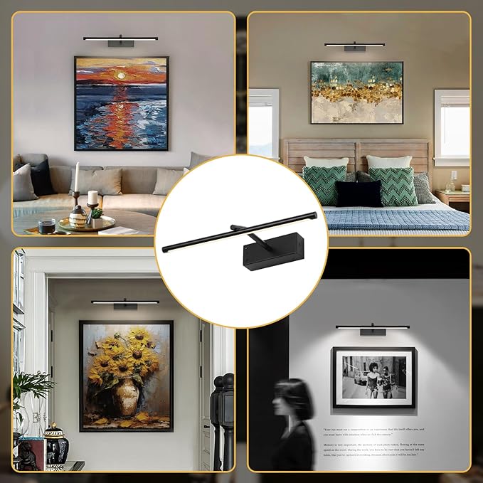 Wireless Picture Lights, 16in Black Battery Operated Wall Sconce, 3 Color Temperature Dimmable and Timer Wireless Picture Light with Remote for Display, Artwork, Gallery