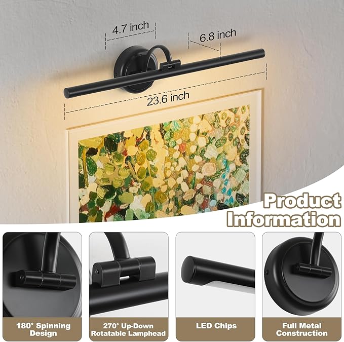 23.62 Inch Dimmable Lights For Pictures On Wall Hard Wired Gallery Light Modern Metal Artwork Wall Lamps, Warm White Picture Lights with Single Swing Arm Art Display Light For Paintings Portrait