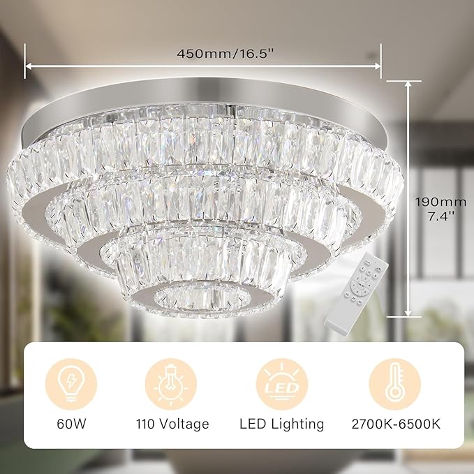 Modern 16.5" Crystal Chandelier Flush Mount, 3-Tier Round 50W Dimmable LED Ceiling Light with Remote, K9 Crystal Ceiling Fixture for Bedroom Living Room Dining Room, Low Ceilings