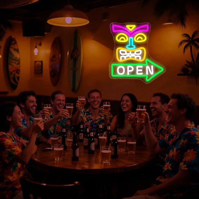 Tiki Bar Open Neon Sign for Wall Decor Dimmable Tiki Open Neon Light for Man Cave Hawaii Beach Sign for Pub Home Bar Beer Shop Party Bedroom Christmas Birthday Gifts Art Size 11.8 * 10.9In (WZCP190)