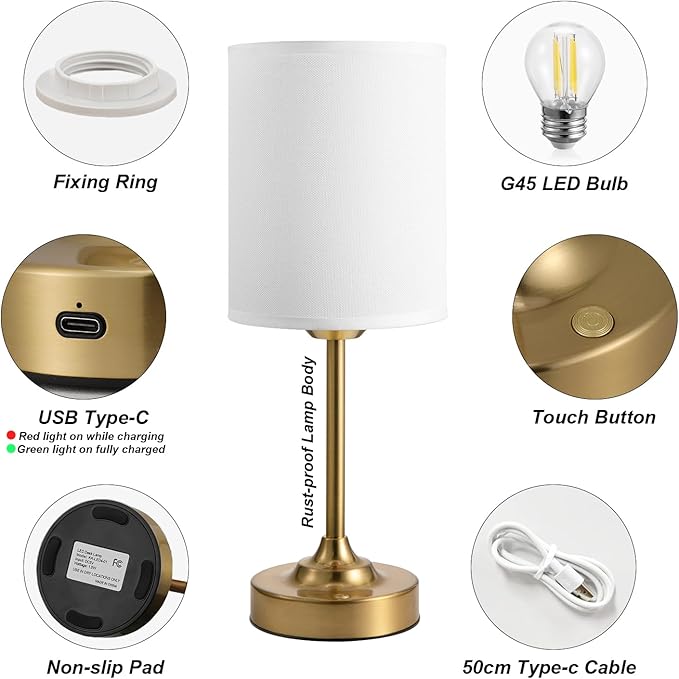 Touch Control Cordlss Table Lamp, USB-C Rechargeable Lamp with Stepless Dimming, 4000mAh Battery Operated Vintage Bedside Lamp for Bedroom, Living Room, Night Light & Emergency Lighting, Brass, 1 Pack