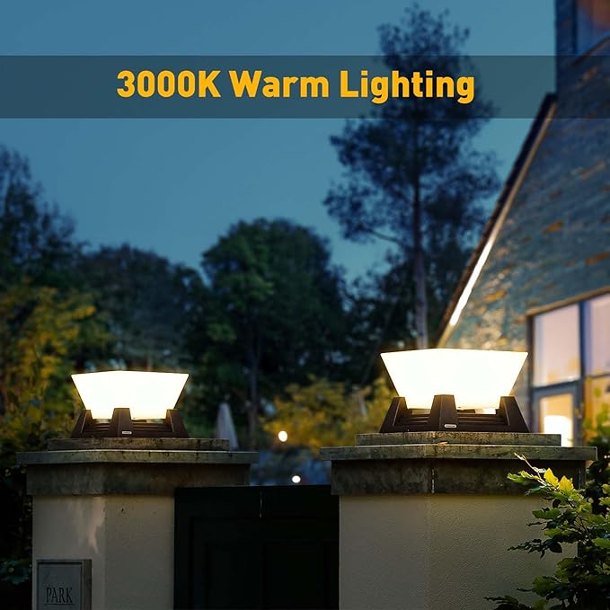 Solar Post Lights, 11'' Pillar Light Fixture, Waterproof Dusk to Dawn Fence Column Lantern with 3000K LED, Post Cap Lamp Outdoor Lighting for Patio Garden Driveway Deck Yard Entrance