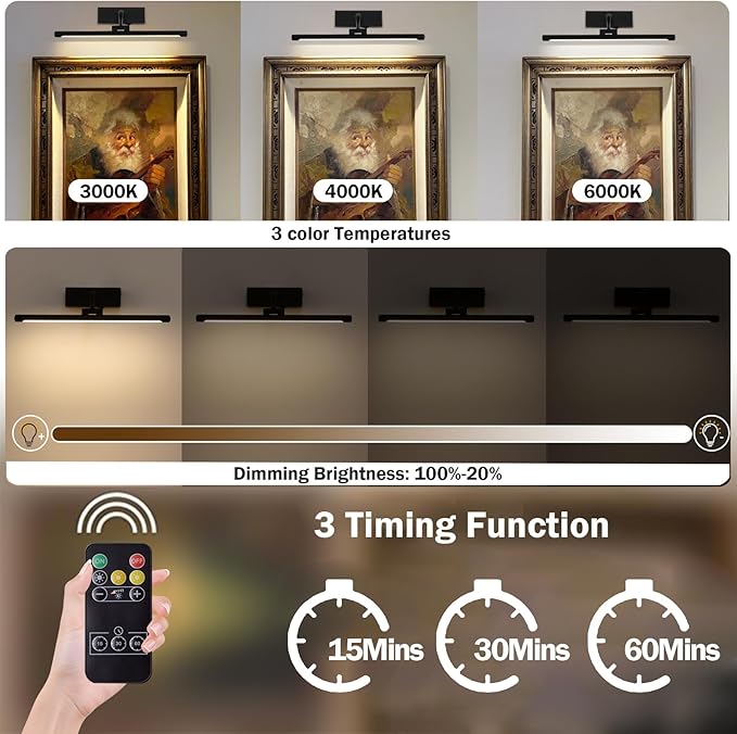Wireless Picture Light for Wall Battery Operated Rechargeable Art Lights Dimmable Painting Lights Black Gallery Light with Remote Wall Lights for Display, Artwork, Portrait (15.94Inch)