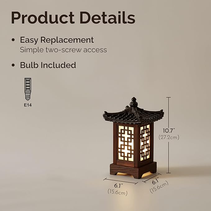 Traditional Korean Wood Lamp | Handmade Asian Oriental Table Lantern | Bedside Bedroom Accent Light | Unique Gift Idea | Pagoda Design (Brown) (Pine)