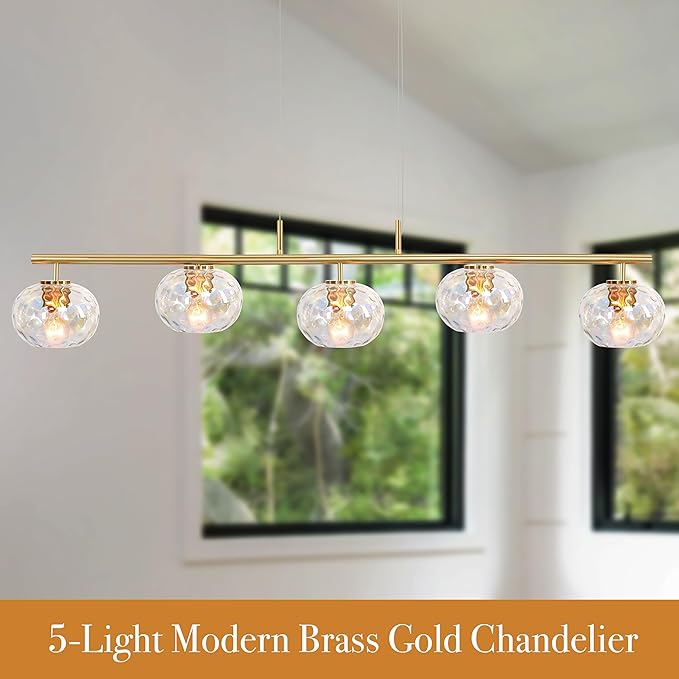 47" W Brass Chandelier Light Fixture with Stained Glass Shade, Modern Brushed Gold Island Lighting for Kitchen Dining Room