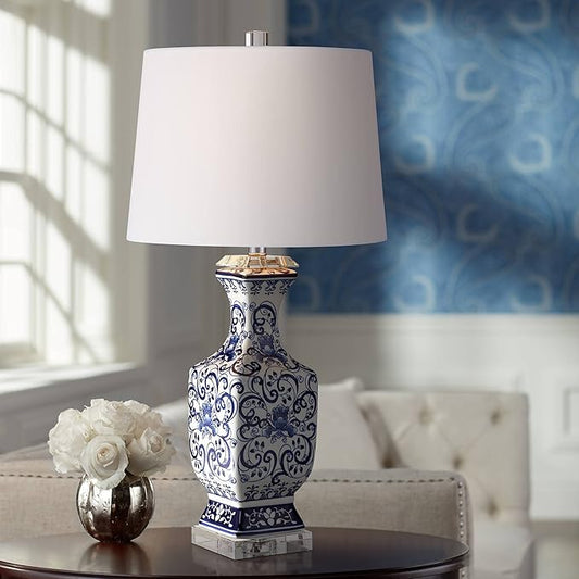 Barnes and Ivy Iris Vintage Asian Chinese Style Table Lamp 28" Tall Porcelain Blue Floral Jar Geneva White Drum Shade Cottage Core Decor for Living Room Bedroom House Bedside Nightstand Home Office