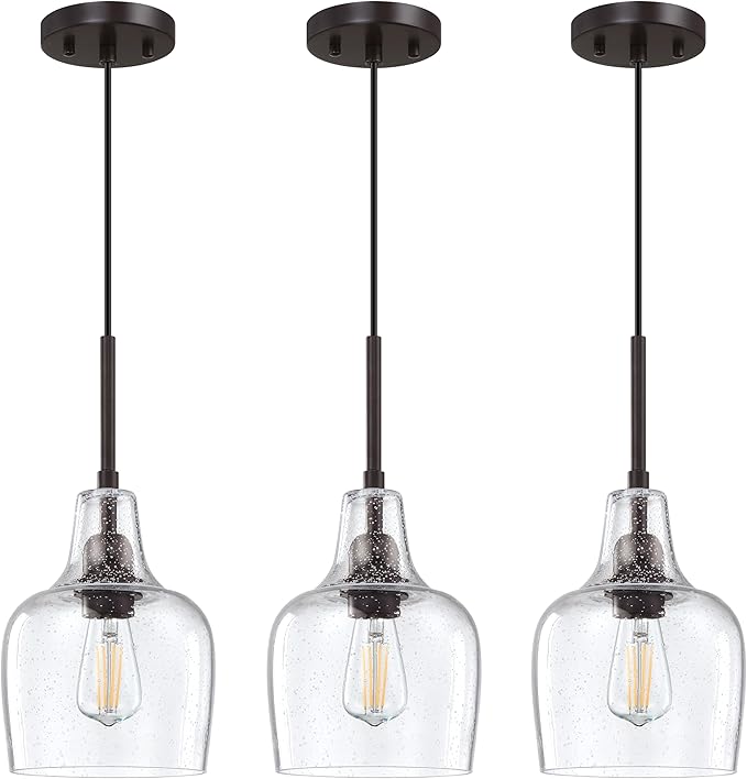 3 Pack 1 Light Indoor Hanging Kitchen Island Pendant Ceiling Light 6.1" Clear Seeded Glass Fixture,Oil Rubbed Bronze Finish for Farmhouse Over Sink Bedroom Hallway