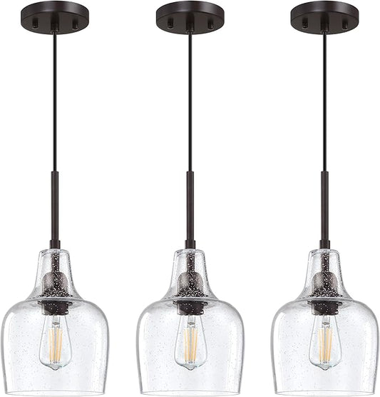 3 Pack 1 Light Indoor Hanging Kitchen Island Pendant Ceiling Light 6.1" Clear Seeded Glass Fixture,Oil Rubbed Bronze Finish for Farmhouse Over Sink Bedroom Hallway