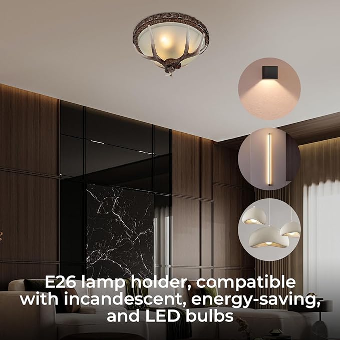 Vintage Antler Resin Ceiling Light, 110V Rustic Chandelier Fixture, 40-60W Retro Deer Horn Pendant Lamp, Decorative Flush Mount Lighting with 3 E26 Bulb Sockets for Living Room Bedroom Dining Room
